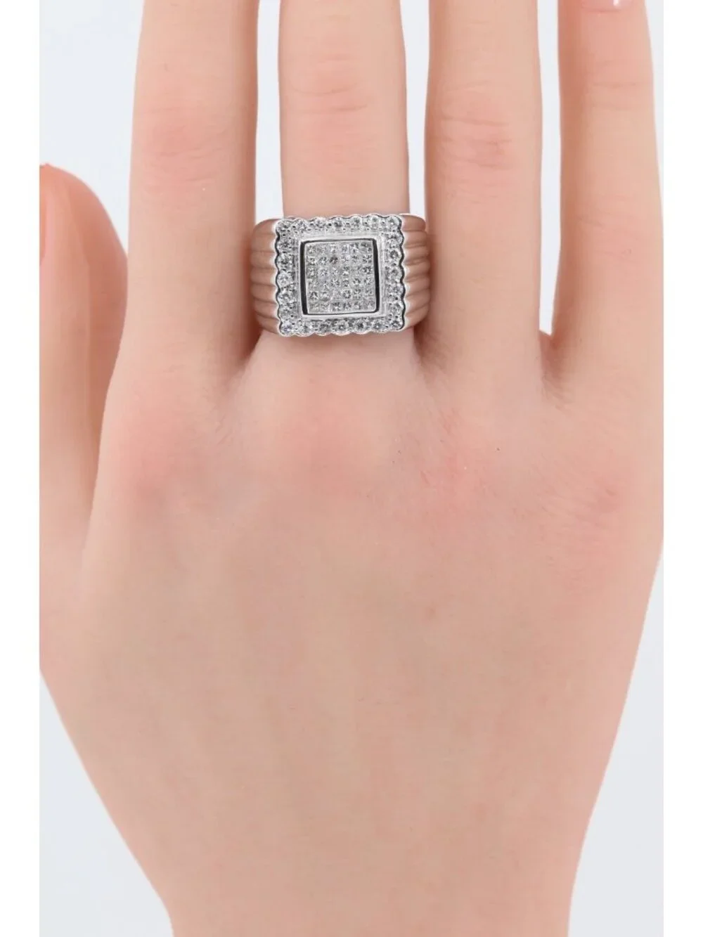 14K Solid White Gold Princess Cut Diamond Cluster Halo Men's Ring - Size 9.25